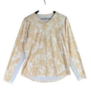 SanSoleil Palm Print UPF 50 Long Sleeve Sun Protection Golf Shirt Beige White XL